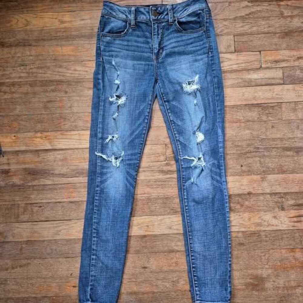 American Eagle Women's Distressed Hi-Rise Jeggings Super Stretch Blue Jeans - 4